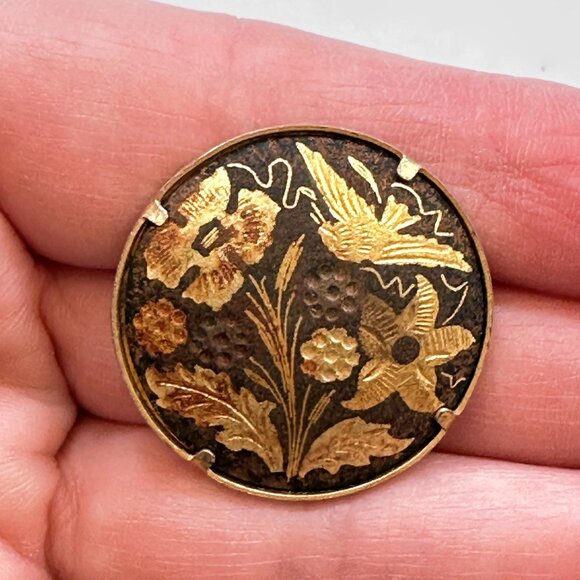 Bird Brooch, Damascene, Gold, Black, Flowers, Vintage, C Clasp, Multi Color - Picture 2 of 3